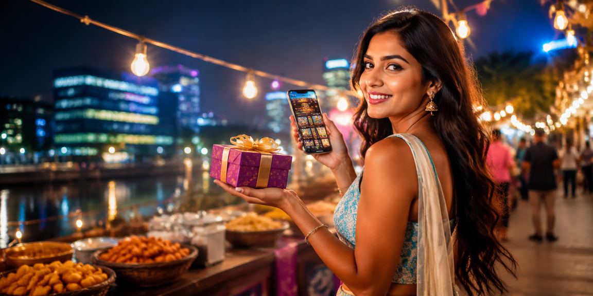 Indian night market with colorful lights and player registering